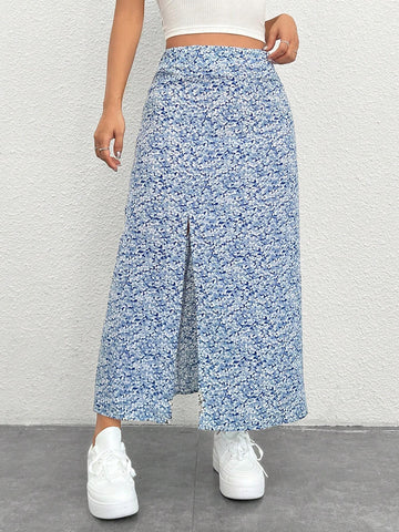 PETITE Women'S Full Flora Print High Slit Asymmetrical Hem Skirt