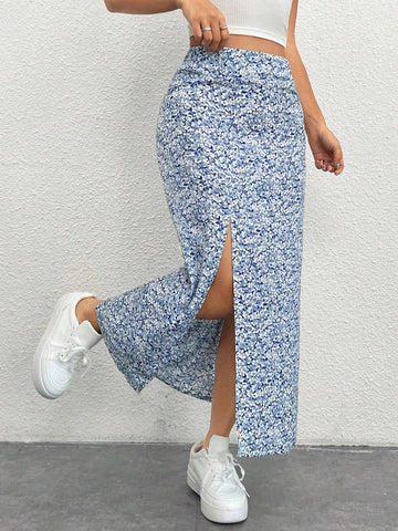 PETITE Women'S Full Flora Print High Slit Asymmetrical Hem Skirt