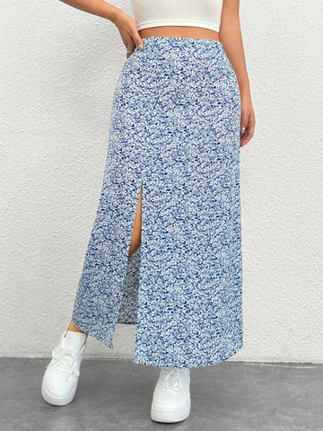 PETITE Women'S Full Flora Print High Slit Asymmetrical Hem Skirt