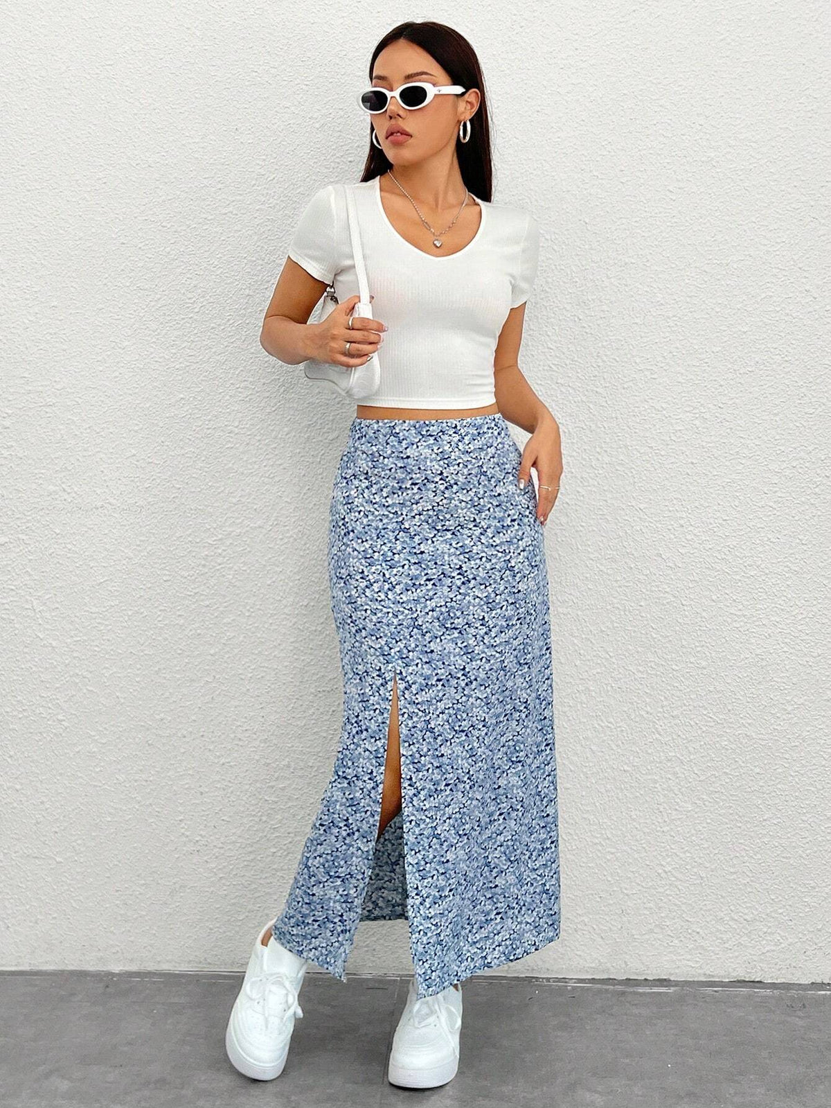 PETITE Women'S Full Flora Print High Slit Asymmetrical Hem Skirt