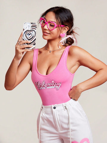 Women'S High Cut Letter Print Bodysuit