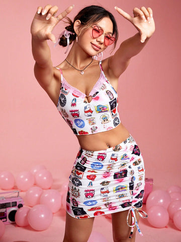 Women'S Lace Splicing Cartoon Printed Cami Top And Skirt Set