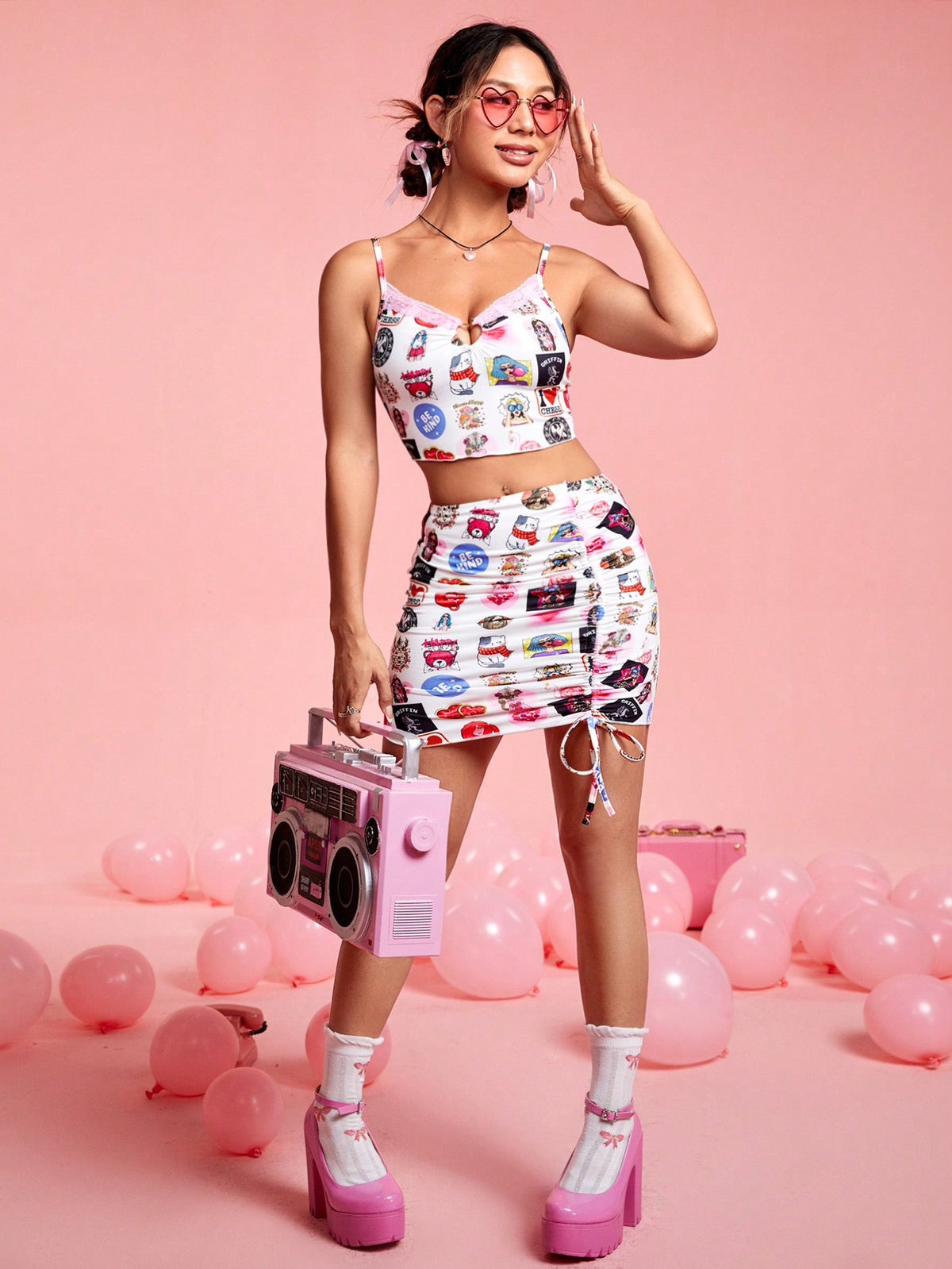 Women'S Lace Splicing Cartoon Printed Cami Top And Skirt Set