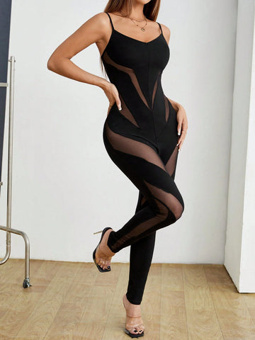 Women'S Patchwork Mesh Spaghetti Strap Y2k Black Bodycon Jumpsuit