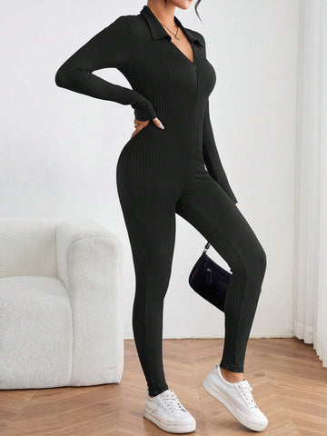 Women'S Solid Color Rib Knit Bodycon Jumpsuit