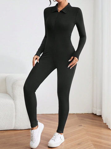 Women'S Solid Color Rib Knit Bodycon Jumpsuit