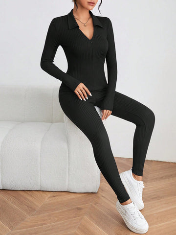 Women'S Solid Color Rib Knit Bodycon Jumpsuit