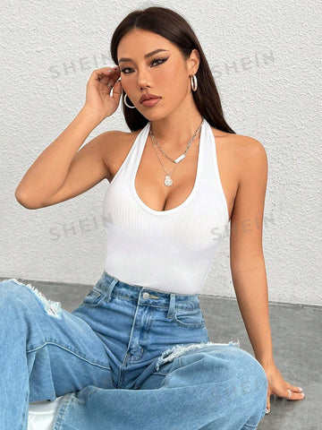 Women'S Solid Color Slim Fit Halter Bodysuit
