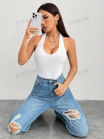 Women'S Solid Color Slim Fit Halter Bodysuit