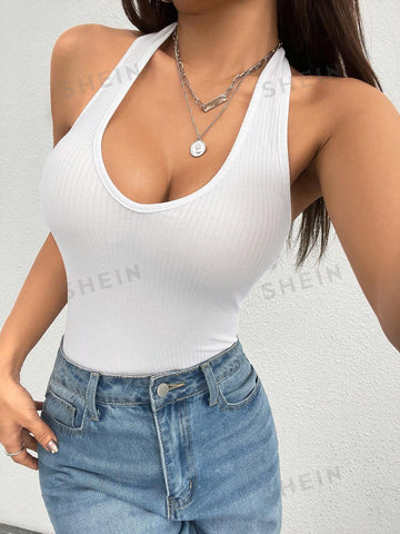 Women'S Solid Color Slim Fit Halter Bodysuit