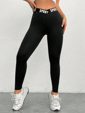 PETITE Women'S Spliced Letter & Weave Trim Elastic Leggings