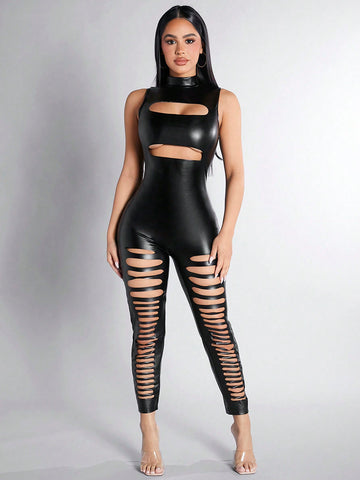 Women'S Stand Collar Hollow Out Pu Jumpsuit