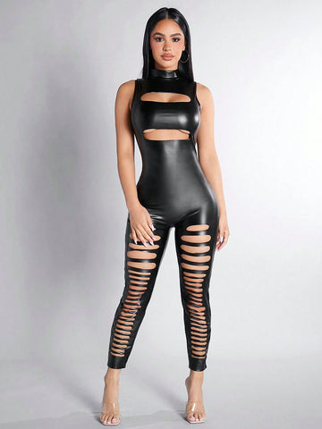 Women'S Stand Collar Hollow Out Pu Jumpsuit