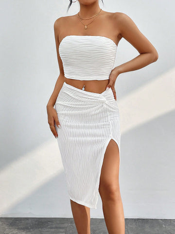 Women'S Textured Tube Top And Split Hem Midi Skirt Set