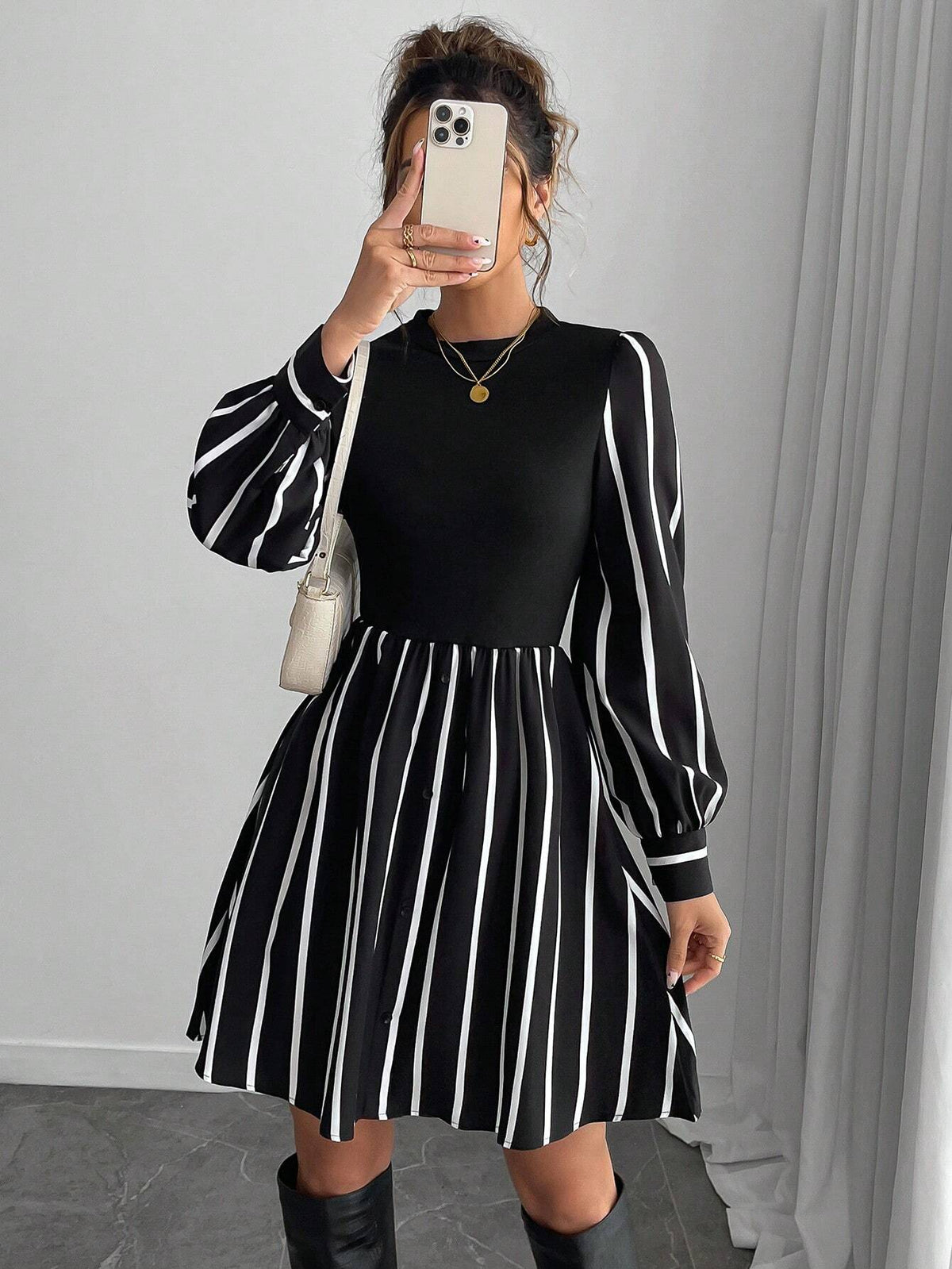 Women 2 In 1 Striped Print Round Neck Dress, Autumn
