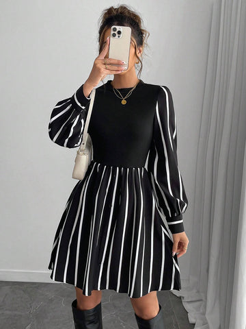 Women 2 In 1 Striped Print Round Neck Dress, Autumn