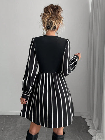 Women 2 In 1 Striped Print Round Neck Dress, Autumn