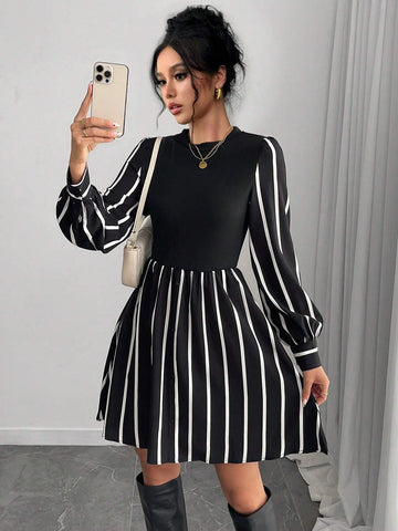 Women 2 In 1 Striped Print Round Neck Dress, Autumn