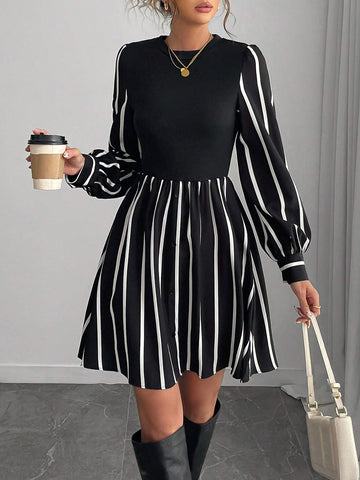 Women 2 In 1 Striped Print Round Neck Dress, Autumn