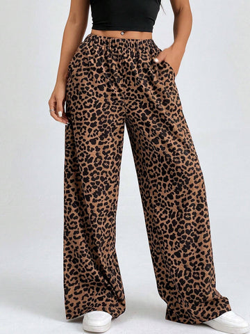 PETITE Women Elastic Waist Wide-Leg Leopard Print Loose Pants