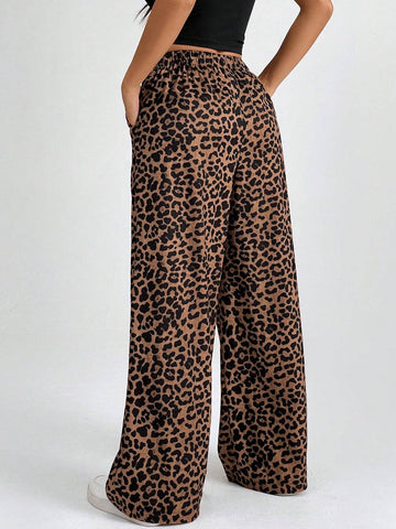 PETITE Women Elastic Waist Wide-Leg Leopard Print Loose Pants