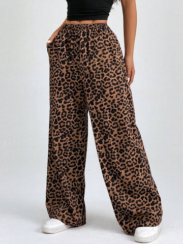 PETITE Women Elastic Waist Wide-Leg Leopard Print Loose Pants
