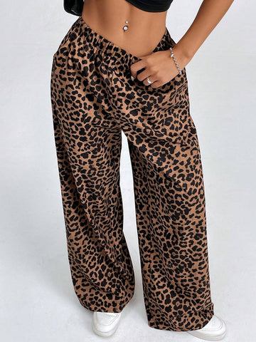 PETITE Women Elastic Waist Wide-Leg Leopard Print Loose Pants