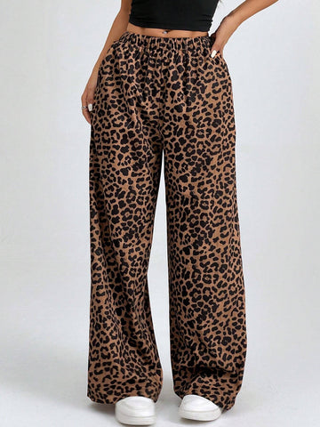 PETITE Women Elastic Waist Wide-Leg Leopard Print Loose Pants