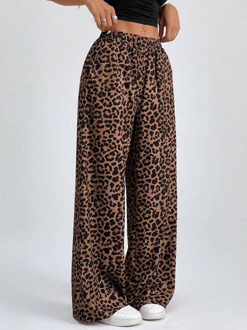 PETITE Women Elastic Waist Wide-Leg Leopard Print Loose Pants