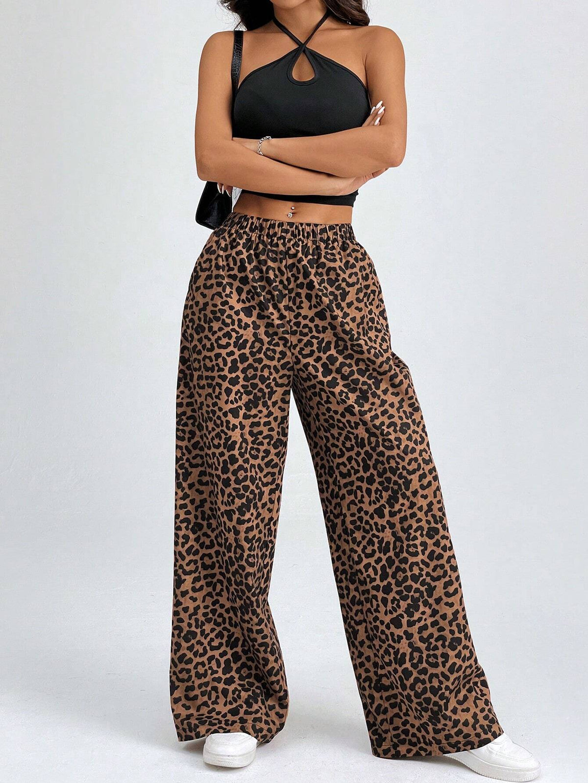 PETITE Women Elastic Waist Wide-Leg Leopard Print Loose Pants