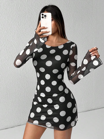 Women Polka Dot Backless Mesh Mini Dress With Flare Sleeves