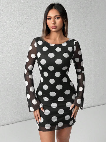 Women Polka Dot Backless Mesh Mini Dress With Flare Sleeves