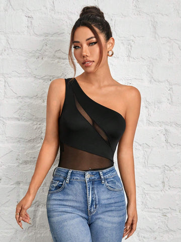 Women Sexy Mesh Patchwork Asymmetrical Neck Black Bodysuit