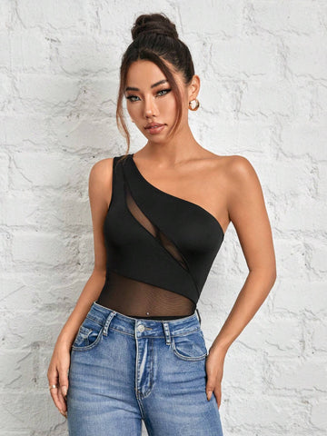 Women Sexy Mesh Patchwork Asymmetrical Neck Black Bodysuit