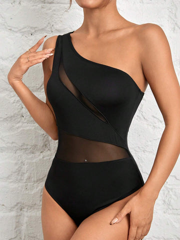 Women Sexy Mesh Patchwork Asymmetrical Neck Black Bodysuit