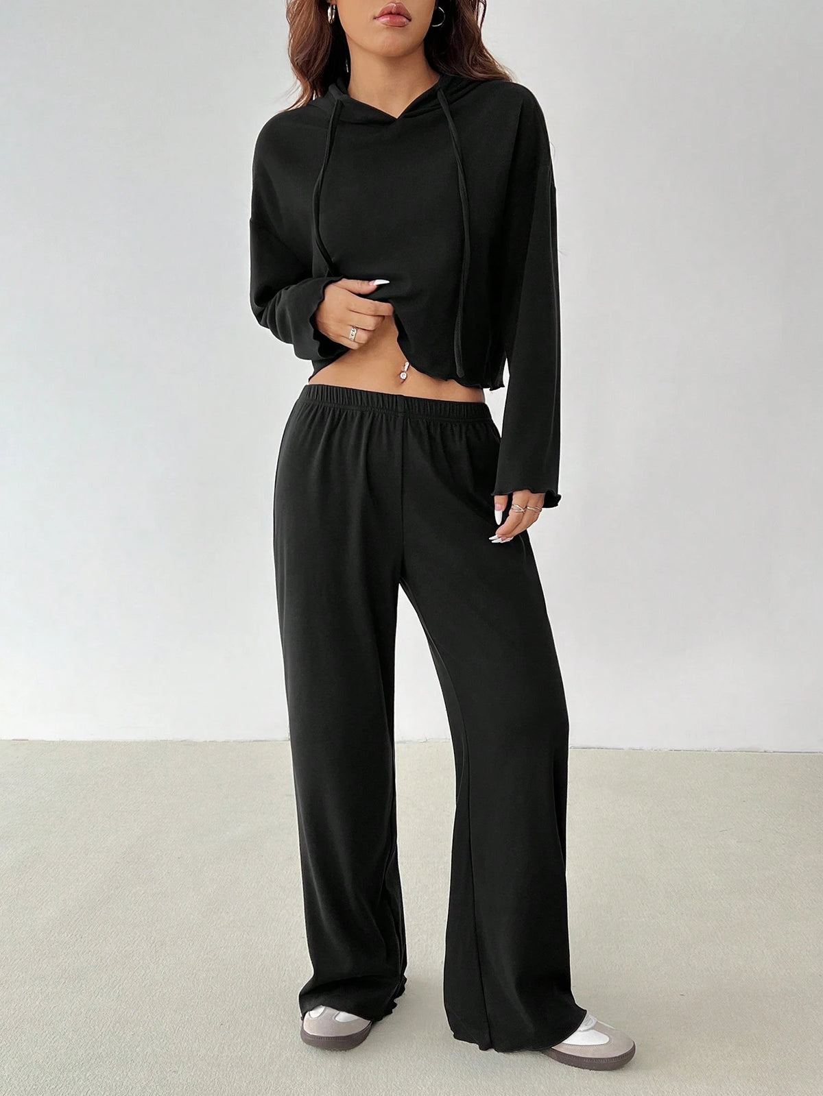 Women Solid Color Drop Shoulder Long Sleeve Drawstring Hooded Top And Pants Casual Set, For Autumn