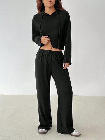 Women Solid Color Drop Shoulder Long Sleeve Drawstring Hooded Top And Pants Casual Set, For Autumn