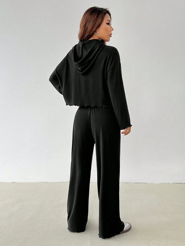 Women Solid Color Drop Shoulder Long Sleeve Drawstring Hooded Top And Pants Casual Set, For Autumn