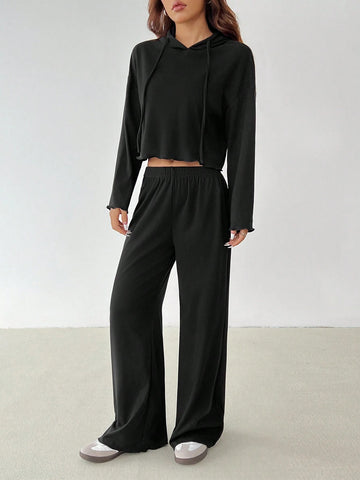 Women Solid Color Drop Shoulder Long Sleeve Drawstring Hooded Top And Pants Casual Set, For Autumn