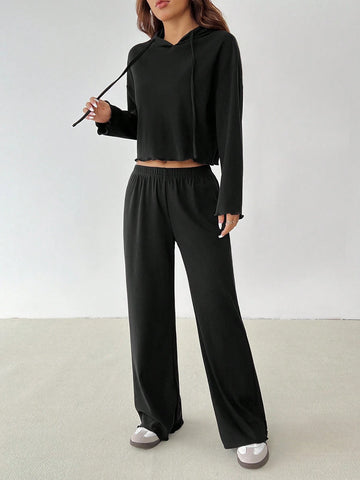 Women Solid Color Drop Shoulder Long Sleeve Drawstring Hooded Top And Pants Casual Set, For Autumn