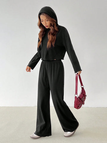 Women Solid Color Drop Shoulder Long Sleeve Drawstring Hooded Top And Pants Casual Set, For Autumn