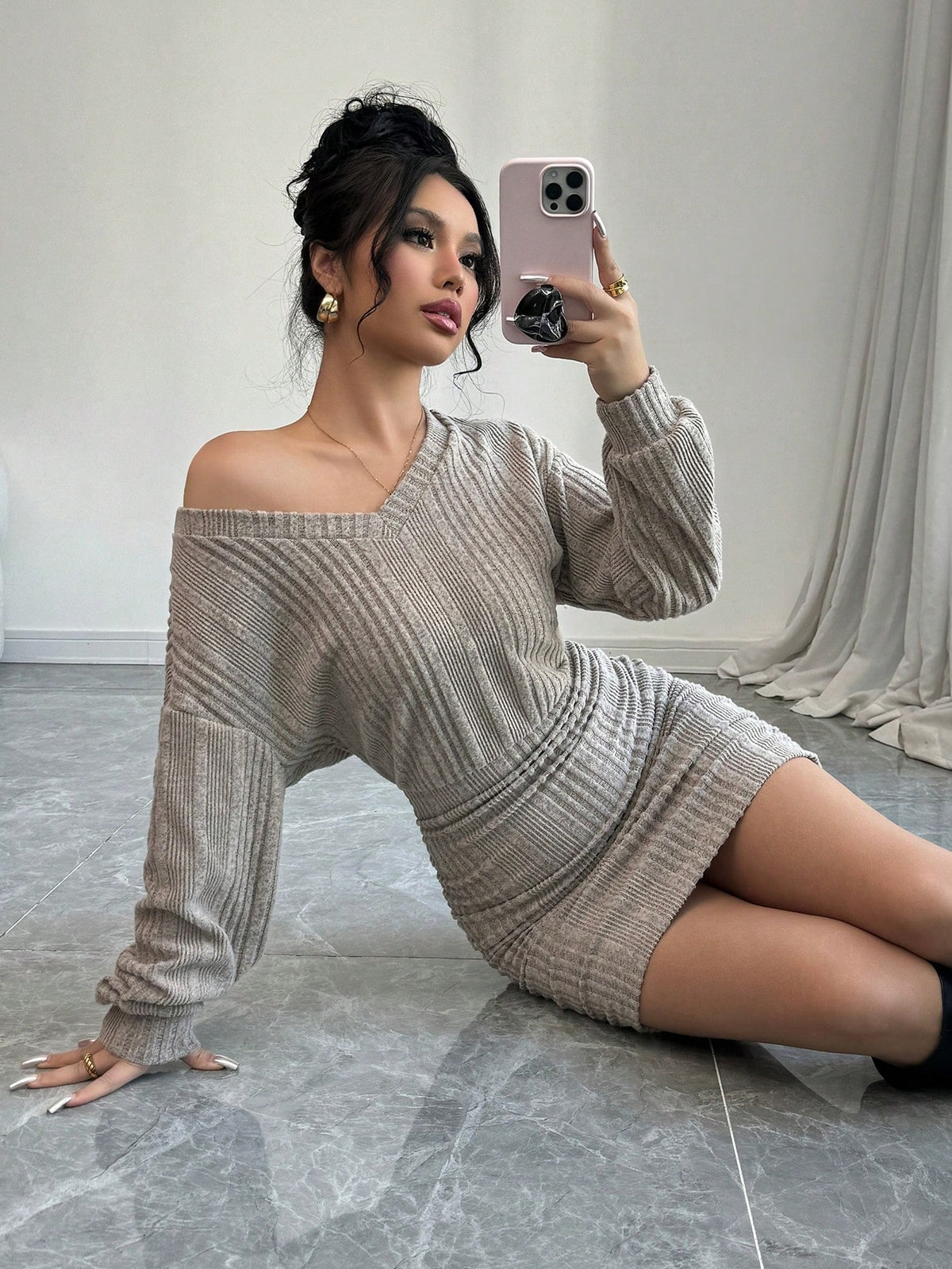 Women V-Neck Dropped Shoulder Long Sleeve Rib Knit Casual Short Dress, Autumn