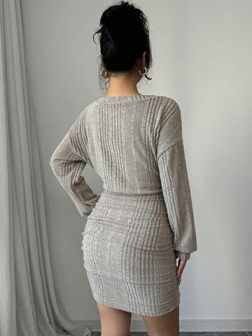 Women V-Neck Dropped Shoulder Long Sleeve Rib Knit Casual Short Dress, Autumn