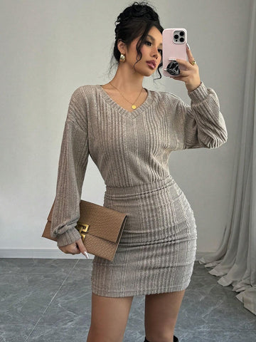 Women V-Neck Dropped Shoulder Long Sleeve Rib Knit Casual Short Dress, Autumn