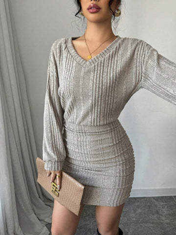 Women V-Neck Dropped Shoulder Long Sleeve Rib Knit Casual Short Dress, Autumn