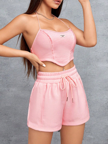 Women's 2pcs Halter Top And Shorts Set