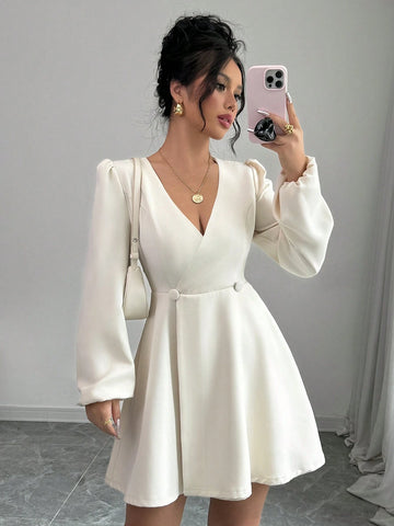 Women's Apricot Solid Color V-Neck Double-Breasted Wrap Long Sleeve Shirt Dress