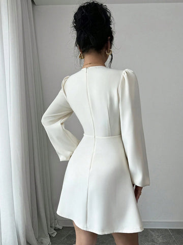 Women's Apricot Solid Color V-Neck Double-Breasted Wrap Long Sleeve Shirt Dress