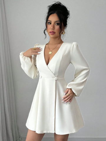 Women's Apricot Solid Color V-Neck Double-Breasted Wrap Long Sleeve Shirt Dress