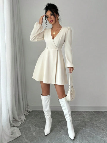 Women's Apricot Solid Color V-Neck Double-Breasted Wrap Long Sleeve Shirt Dress